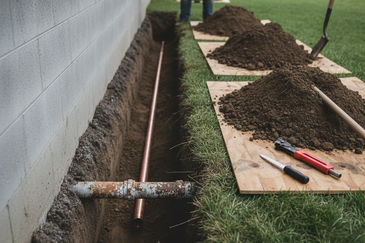 Excavated water line trench during Sewer Line Repair in Morganton